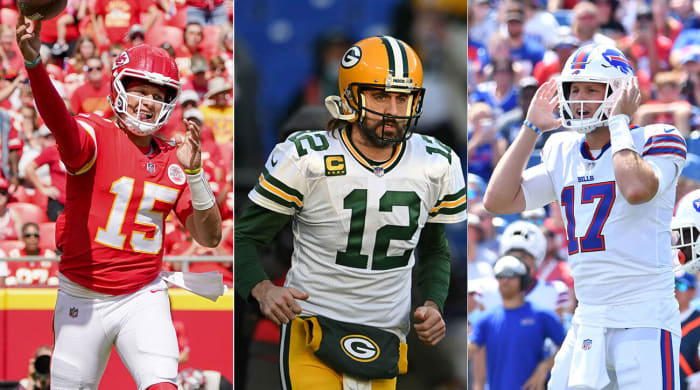 Chiefs quarterback Patrick Mahomes, Packers quarterback Aaron Rodgers, Bills quarterback Josh Allen